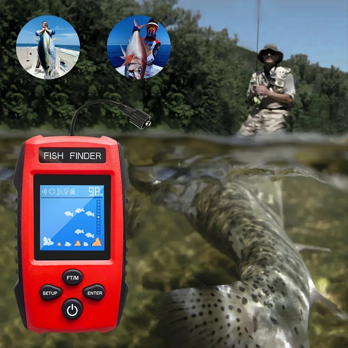 Fishing Boat Depth Finder - Localizador de peixes lcd colorido, transdutor